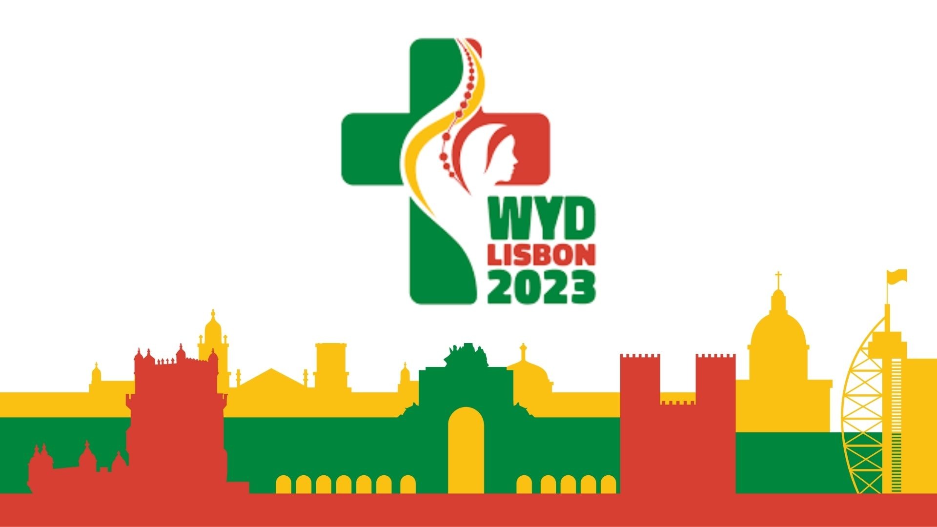 World Youth Day Lisbon 2023 - Outline of building in red, green, yellow with Logo above the outline of city