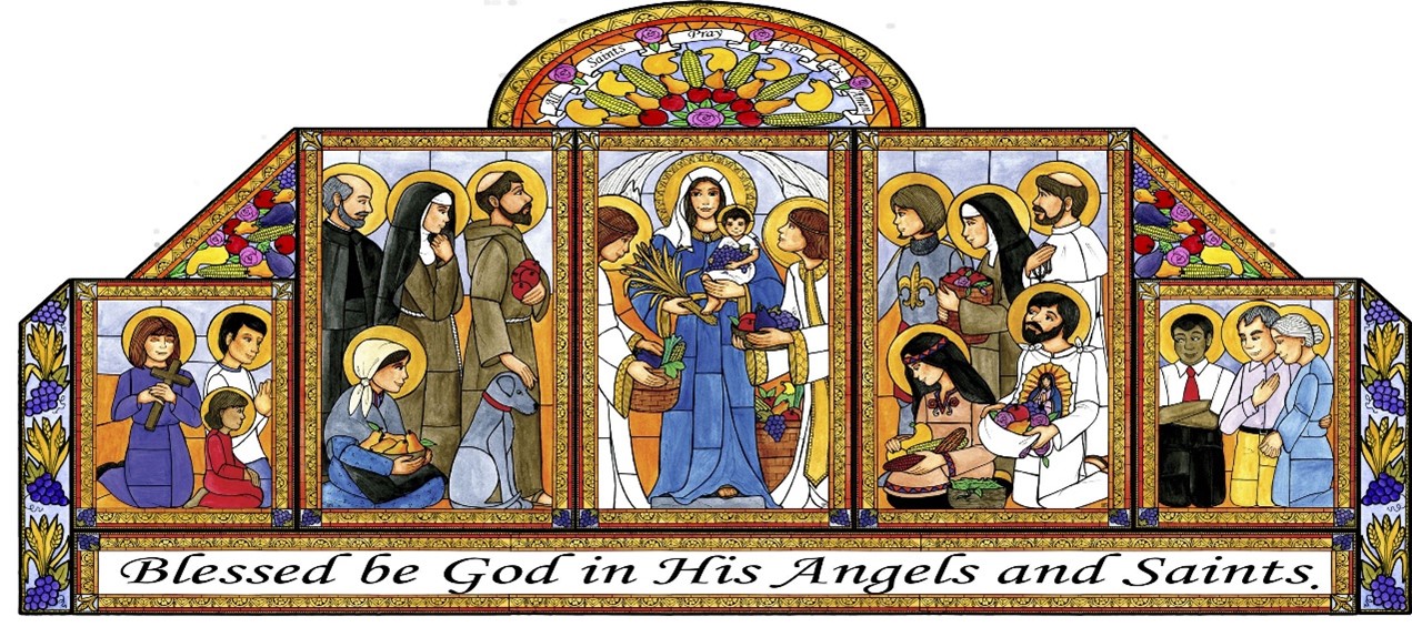 Blessed be God in His Angels and Saints - Stained Glass Window of Saints praying to Mary Holding Baby Jesus