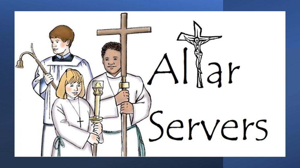 Three Altar Servers with words Altar Servers with Blue border