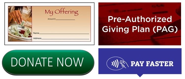 Pictures of offertory envelopes, donate now, preauthorized giving and tip tap pay