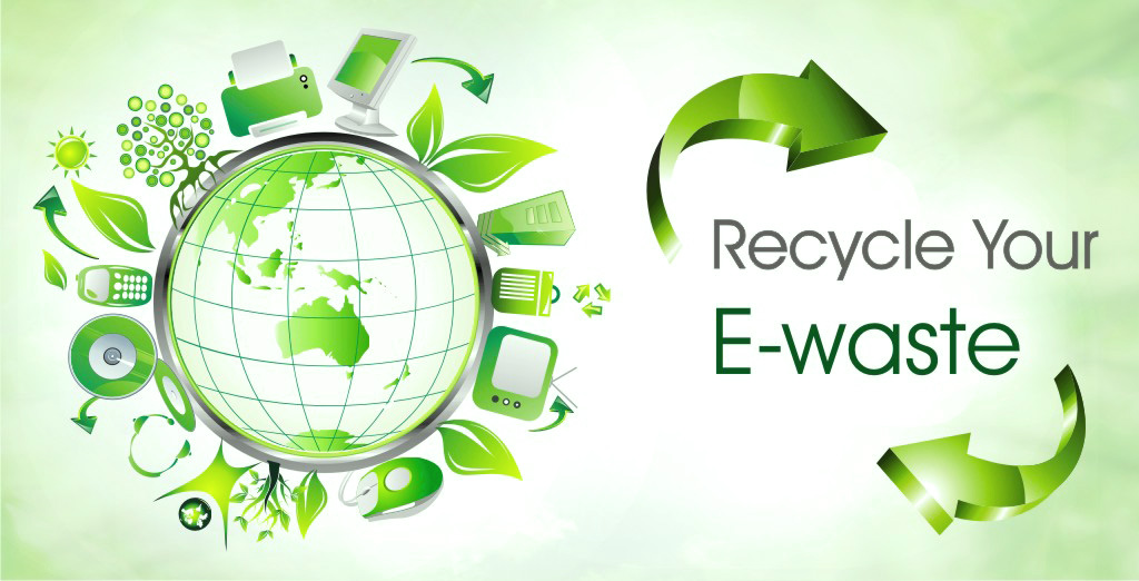 E-waste Recycling - Green Planet surrounded by electronics