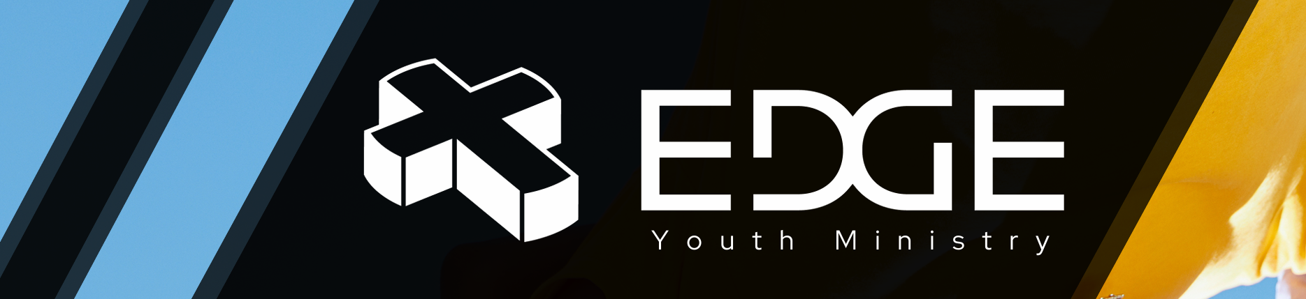 EDGE Youth Ministry on black background with blue stripes on left and yellow strip on right