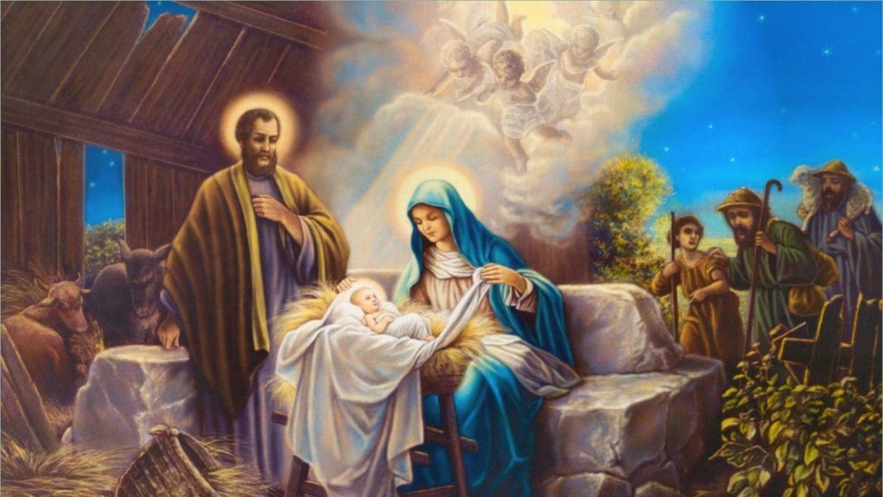 Nativity Scene with Baby Jesus in a Manger with Mary and Joseph - Shepherds in the background and angels in the sky