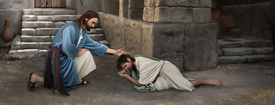 Jesus with Hand over Man laying Prostrate on Ground