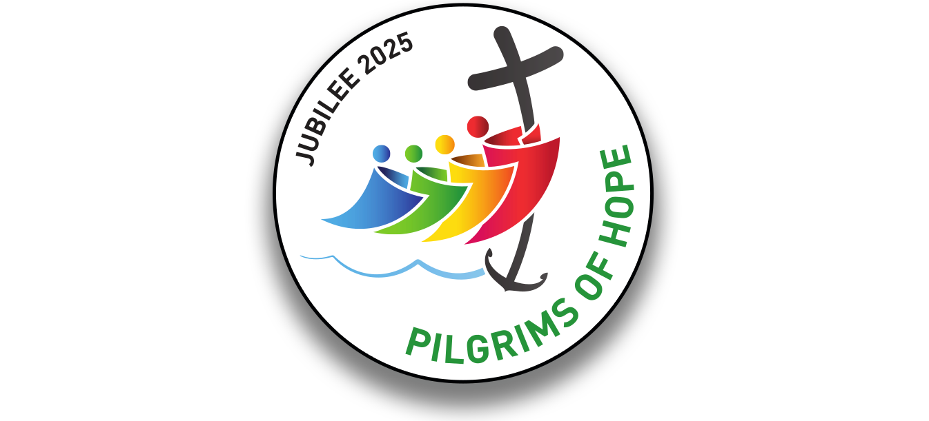 Jubilee 2025 - Pilgrims of Hope - Clipart of 4 people over water wearing robes looking like sails  holding onto a pole where the top is the cross and the bottom is an anchor