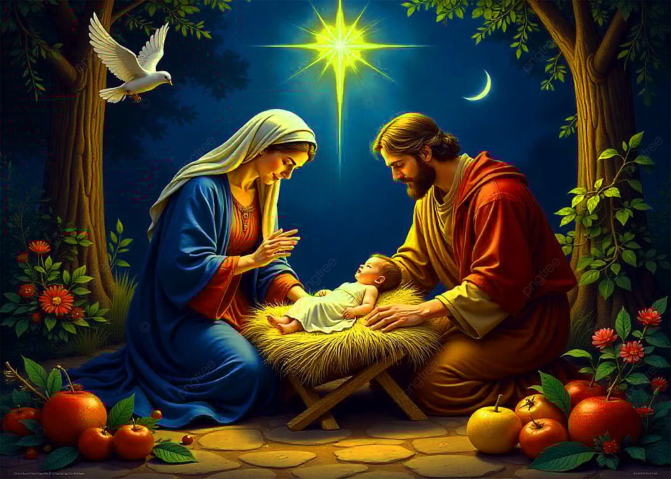 Holy Family Holy Family - Manger Scene with Bright Star and Dove