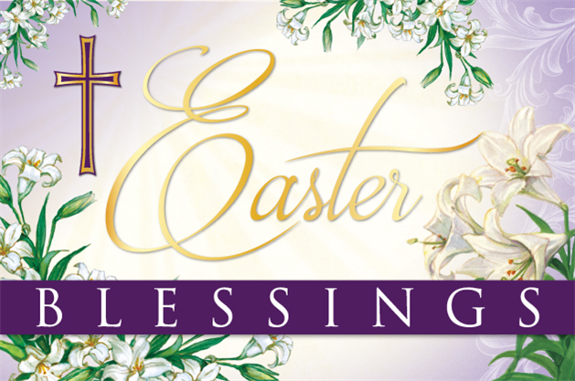 Easter Blessings on light purple background with white lilacs