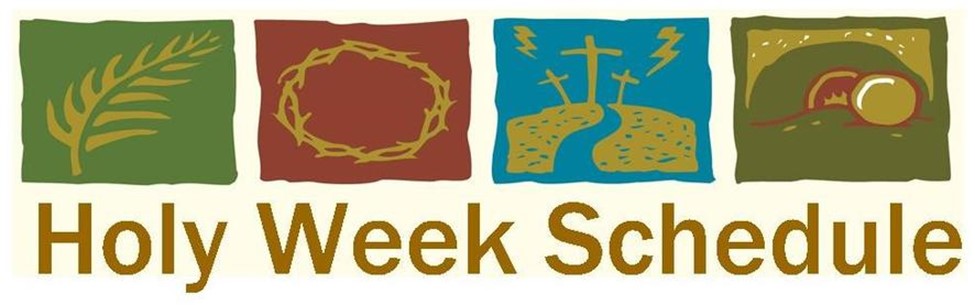 Holy Week Schedule - Clipart of Palms, Crown of Thorns, Path to 3 crosses on hill, Rising Sun