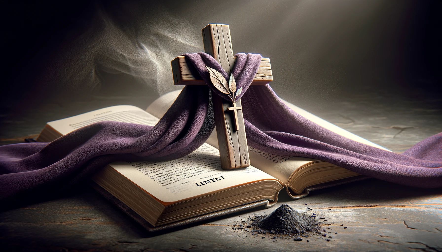 Lent Wooden Cross draped with purple cloth resting on bible