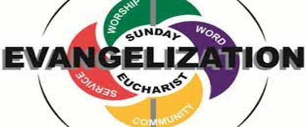 Evangelization - Title in front of Series of Circles containing words: Sunday Eucharist, Worship, Service, Community, Word