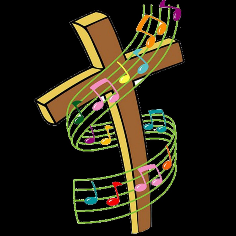 Colorful Music Notes Around Cross on Black Background