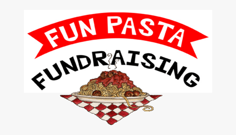 Fun Pasta Fundraising with clipart of Pasta on red and white checked tablecloth