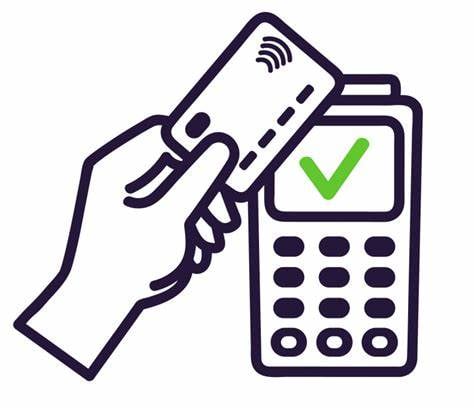 Hand holding debit or credit card and tapping on payment machine - black and white drawing