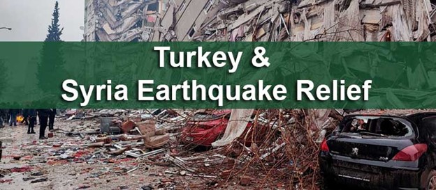 Turkey and Syria Earthquake Relief - background image is of demolished building