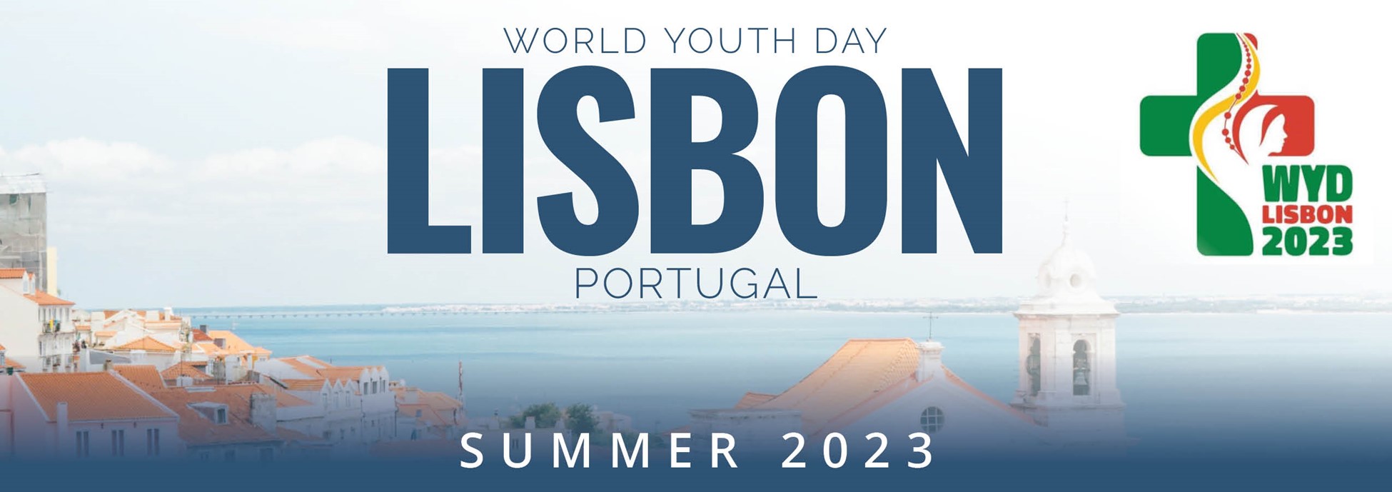 World Youth Day Lisbon Portugal Summer 2023 - background is clipart city overlooking sea