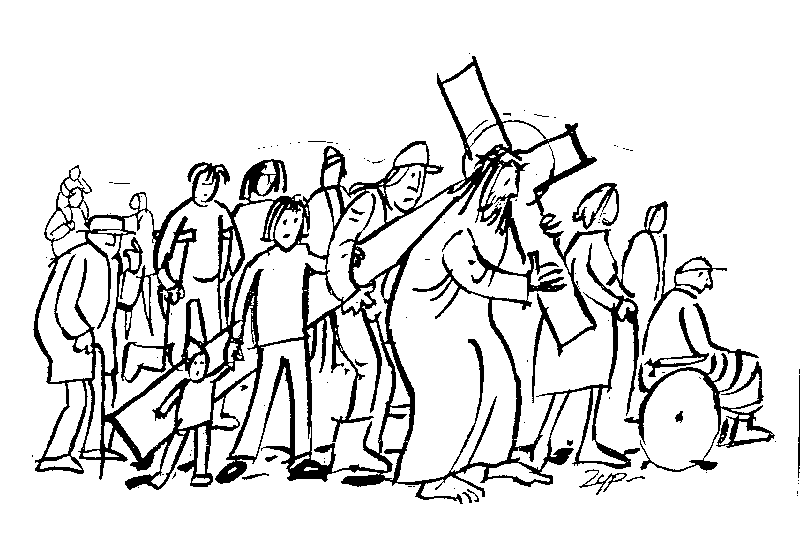 People walking with Jesus carrying cross