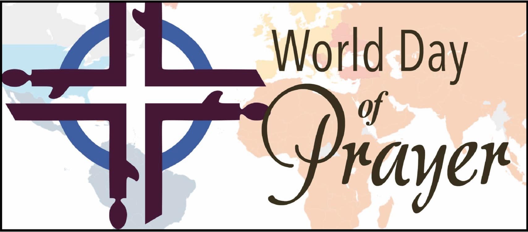 World Day of Prayer - Black Double Framed Cross with World Map Outline in the background