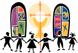 People holding hands in front of Eucharist and Stained Glass Windows