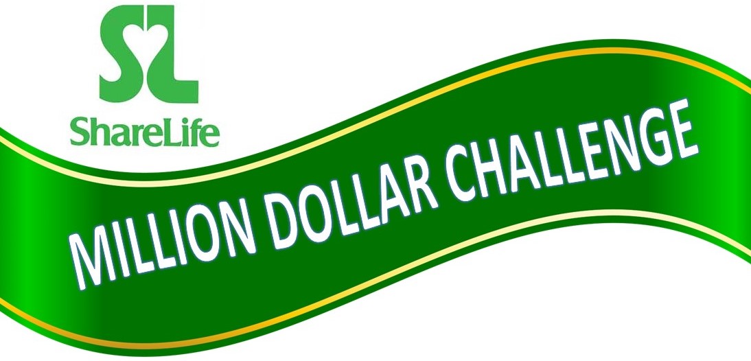 Sharelife Million Dollar Challenge - words on ribbon with Sharelife logo in background