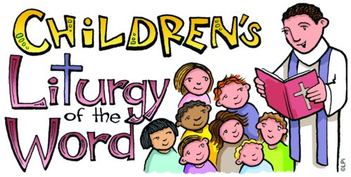 Children's Liturgy of the Word - Clipart of Priest reading from book that has a cross on it to a group of children